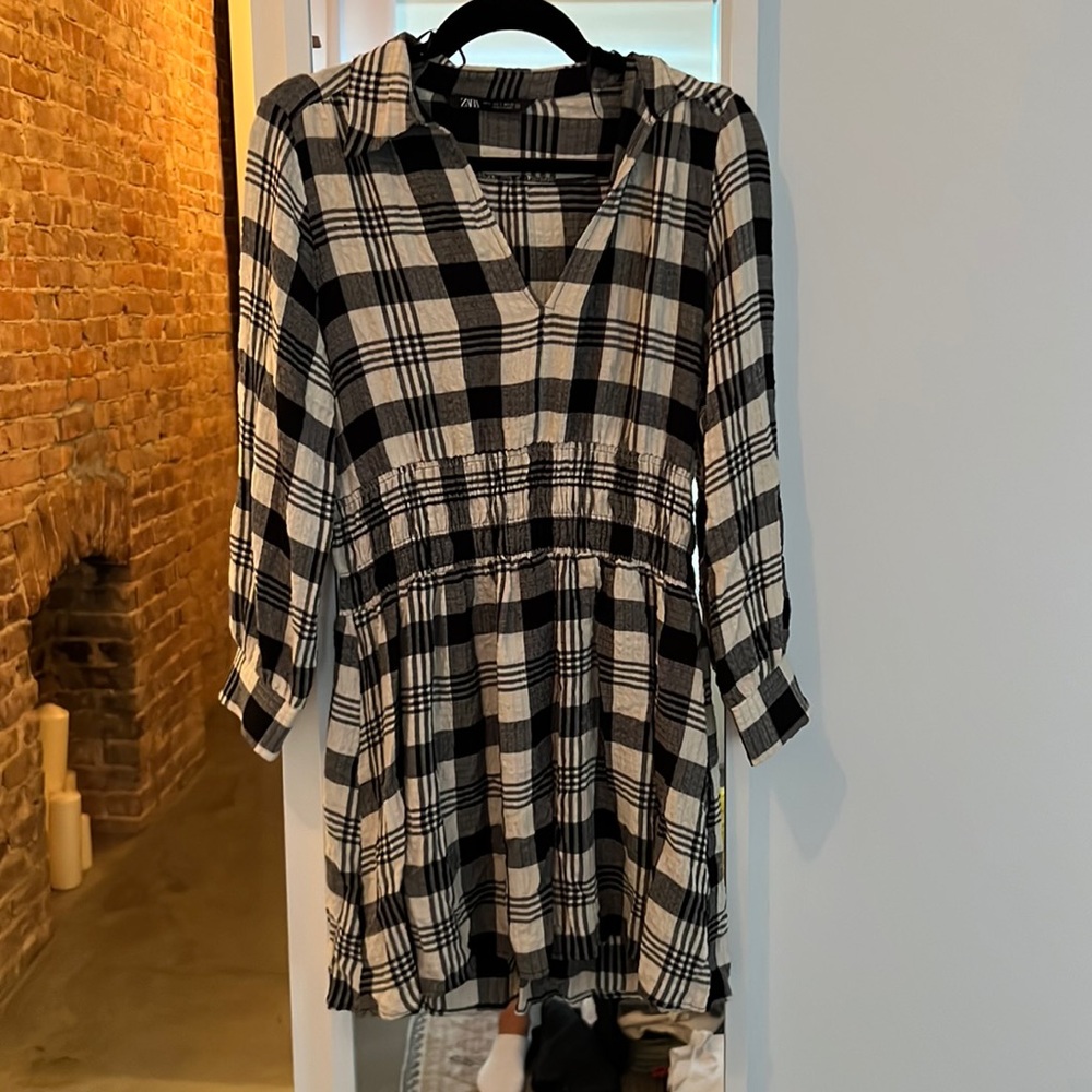 Zara plaid long sleeve collared mini dress with gathered waist